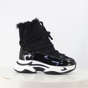 Fur Lined Thick Sole Winter High Top Sneaker in Black Faux Suede, Women’s